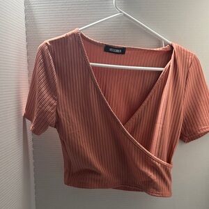 Missguided Ribbed Faux-Wrap Crop Top in Burnt Orange